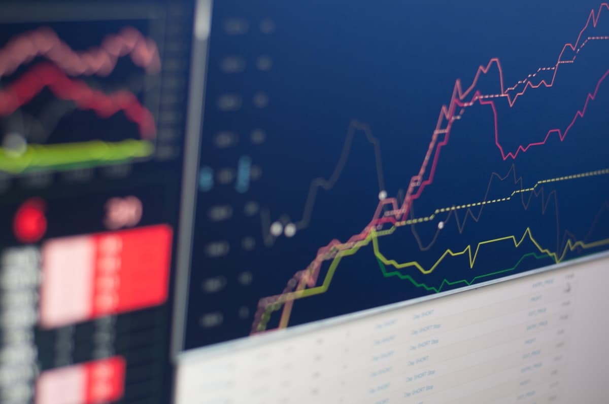 Rising stock market charts on a trading screen